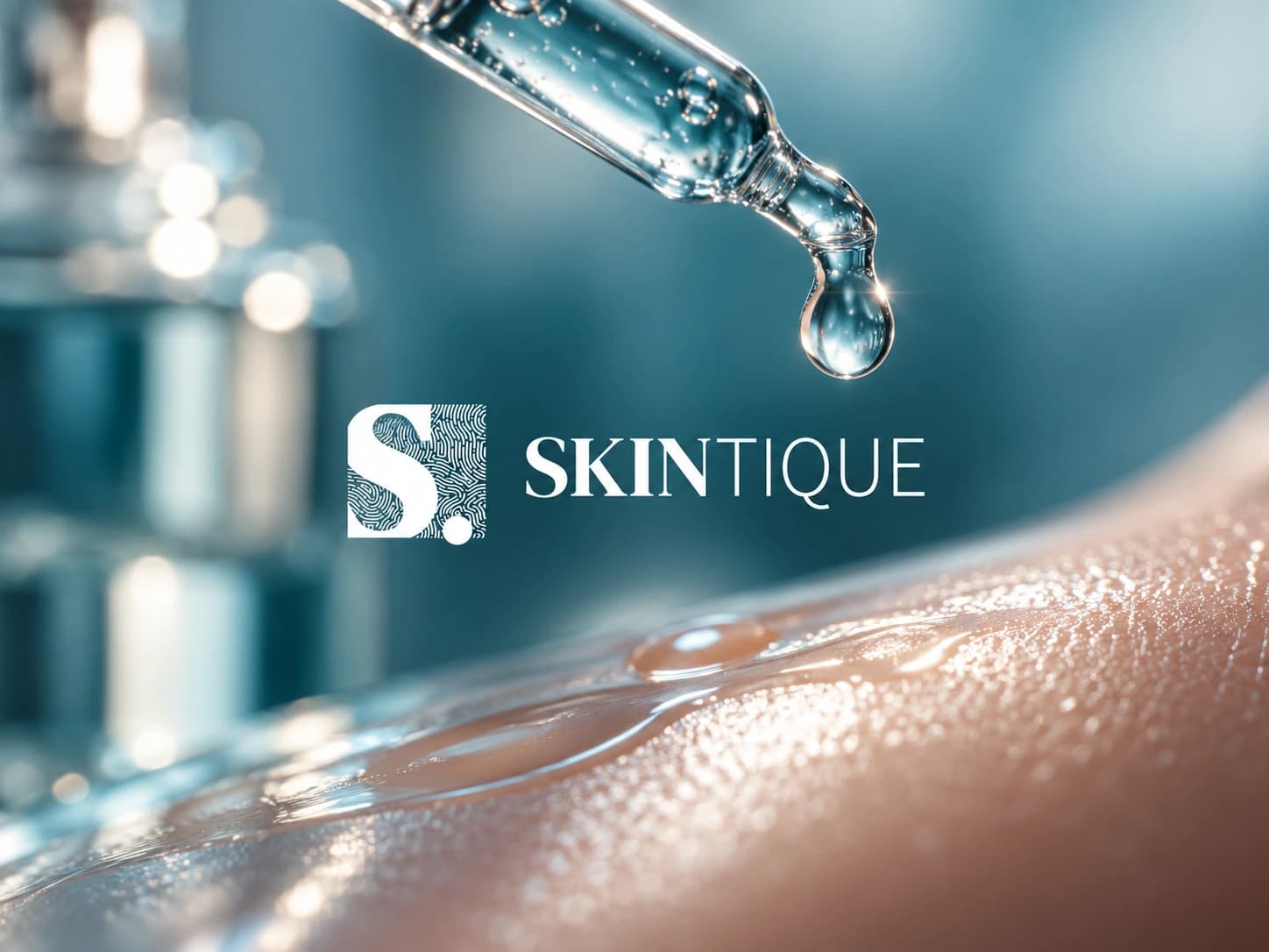 Skintique branding over a skincare serum dropper