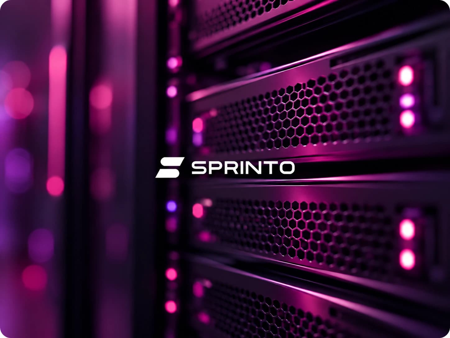 Sprinto branding over a purple-lit server rack
